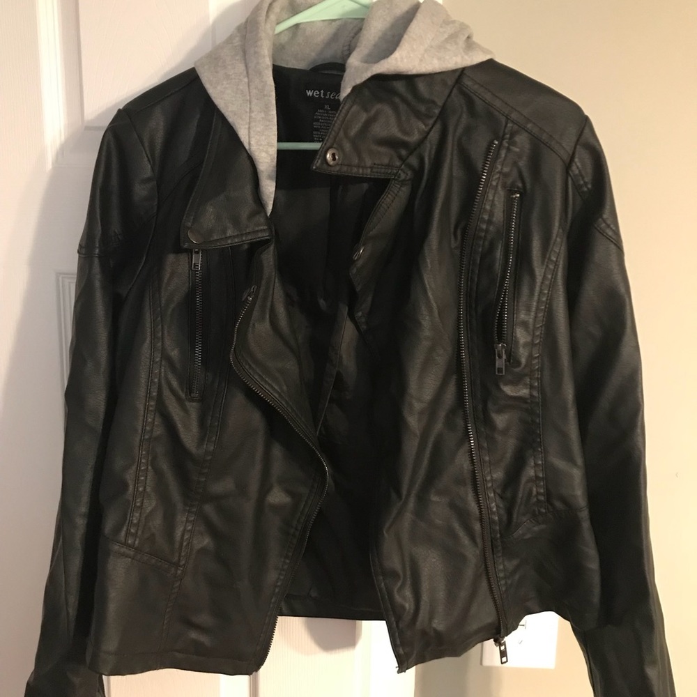 worn once, leather jacket with sweatshirt hood
